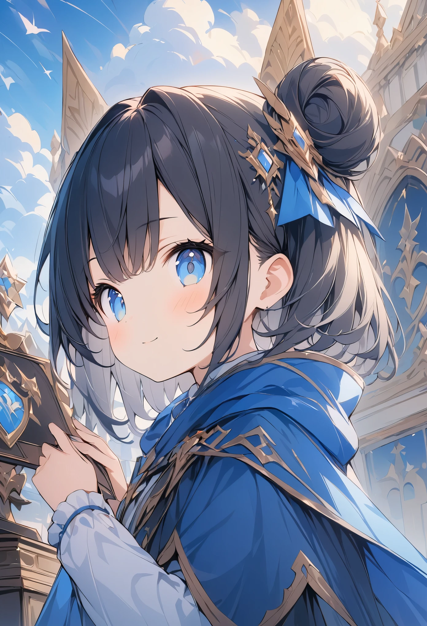 超High resolution, Attention to detail, high quality, High resolution, 最high quality, 4K, 8K, Awards, (artwork)、Clear sky、cute、Black Hair、short、hair ornaments、A work that emphasizes the sky and blue、posters、(Costumes of fantasy world:1.2)、(Blue Cape:1.37)