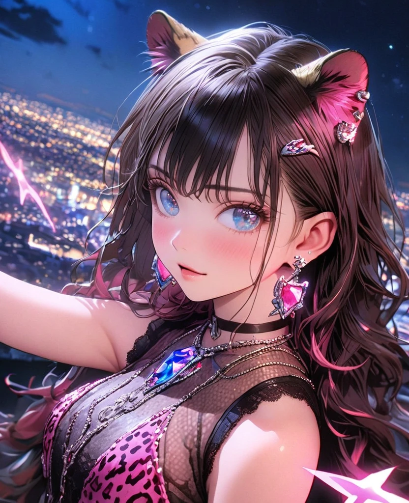 8K,gal，Beautiful and realistic skin,Shiny jewel-like earrings，pink glowing tattoo,Long colerful hair,blue eyes,Night view,Sparkling landscape,whole body,Leopard print clothes,大きな黒いライオンが隣にいる