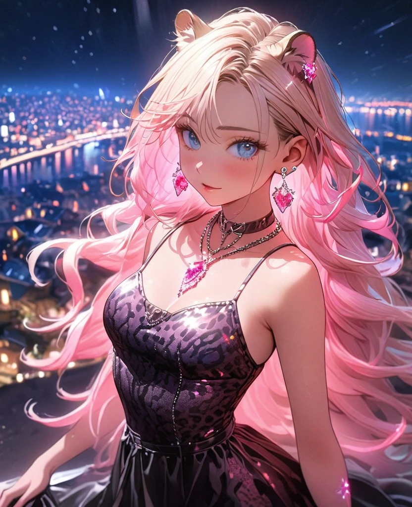 8K,gal，Beautiful and realistic skin,Shiny jewel-like earrings，pink glowing tattoo,Long colerful hair,blue eyes,Night view,Sparkling landscape,whole body,Leopard print clothes,大きな黒いライオンが隣にいる