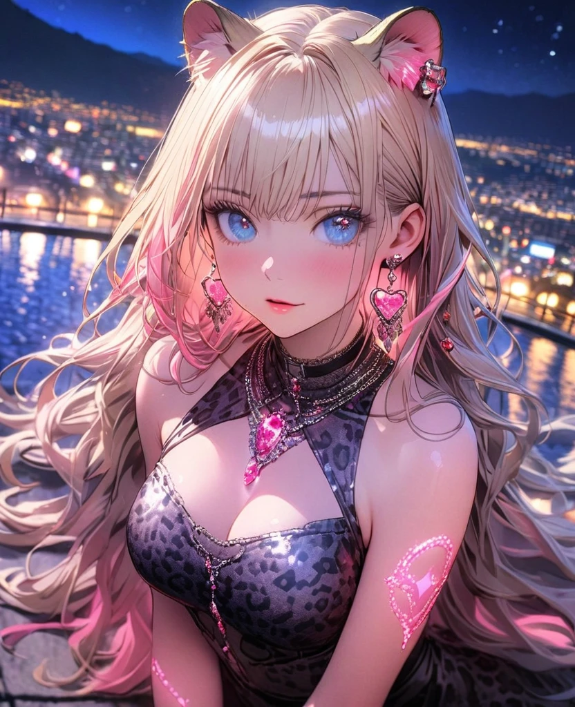 8K,gal,Beautiful and realistic skin,Shiny jewel-like earrings,pink glowing tattoo,Long colerful hair,blue eyes,Night view,Sparkling landscape,whole body,Leopard print clothes,大きな黒いライオンが隣にいる