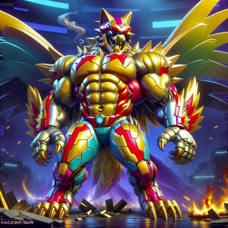 (masterpiece. official art. 8k. best quality. detailed full body. full body.)
(situation 1 : dominating The Phoenix Wolf. The Phoenix Wolf is over 1000 meters long. focus GIANT mechanical Muscular The Phoenix Wolf is trampling the car. Looking down.)
(situation 2 :smoke and flames rising from the destruction in the city)
(Additional details 1: Wearing golden Armor. Cape. Helmet. real texture material. whole body shines like metal. emphasizes the muscles. suit fully made of metal.Robotic suit).
(Additional details 1.5: The arms are golden. The lower half of the body is golden. The wolf-shaped helmet has sharp fangs. The whole body is golden. The chest area is also golden. There is a ring above the head.).
(Additional details 2: Detailed head. Detailed Body. Detailed abs. gigantic muscles. HYPER MUSCLES. Gigachad Muscular. big muscle. pecs. triceps. traps. unusually developed muscular body. body full of huge muscles. showing off muscles. pectorales enormes. Exaggeratedly huge muscles. huge muscles. long legs.).
(Additional details 3: Spread wings. It has wings. The claws are sharp. Sharp teeth.). He is laughing defiantly. The claws are sharp. Sharp teeth.).
(Additional details 3.5 : nj5furry, He is laughing defiantly. medieval armor.).