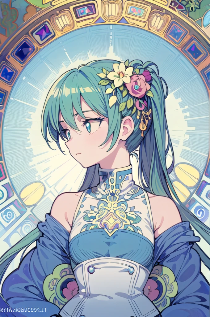 1girl, solo, alone, Hatsune Miku, orange eyes, glowing eyes, long hair, hair ornament, jewelry ornament, flower decoration, jewelry, gems, profile, (face_focus:1.3),(masterpiece:1.2), best  quality, ultra detailed, Complex detail,  beautiful flower, (art deco:1.2, alphonse mucha style:1.3), symmetrical eyes, ,AddXL, 