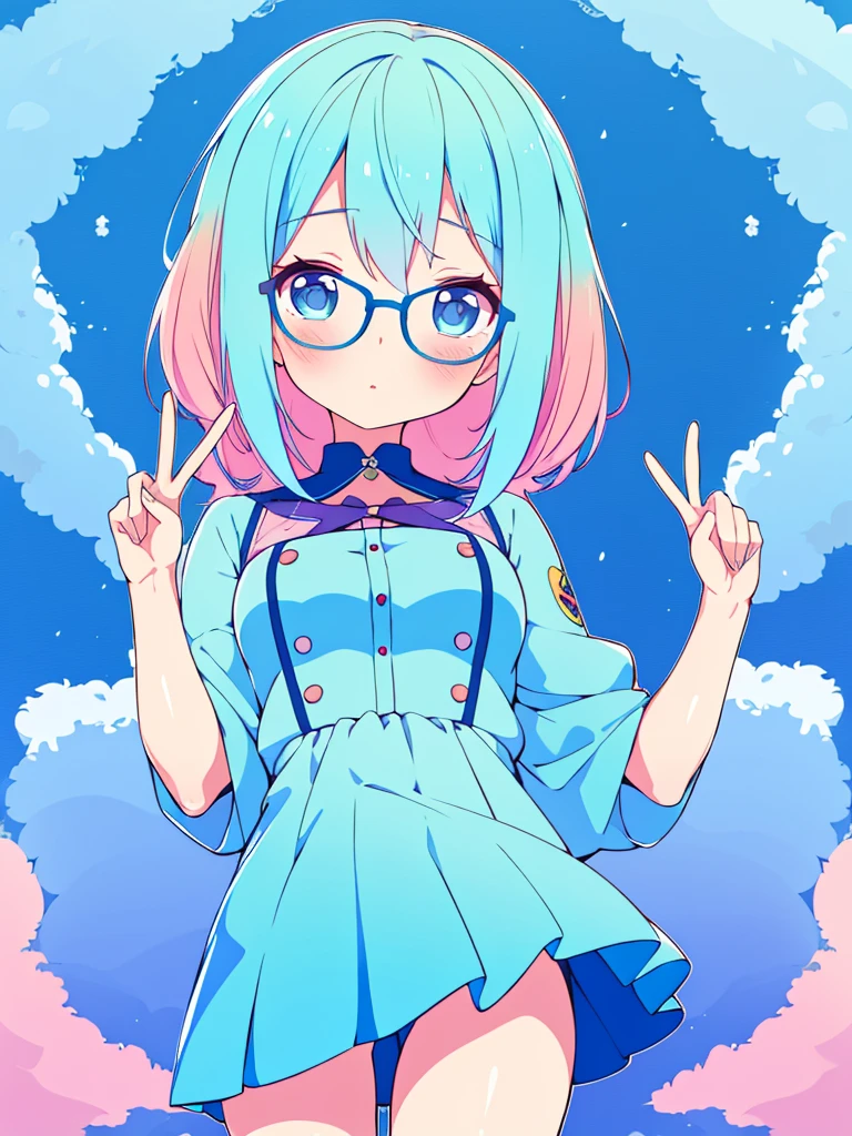 Anime girl with blue hair and glasses holding a peace sign., Pink hair and cyan eyes., plantilla de youtuber virtual live2d, anime moe art style, holding a modest pose, I will deny the matter, , stylized anime, my anime dress darling, mikudayo, in dress, nanogirlv 2