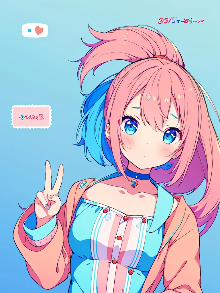 Anime girl with blue hair and glasses holding a peace sign., Pink hair and cyan eyes., plantilla de youtuber virtual live2d, anime moe art style, holding a modest pose, I will deny the matter, , stylized anime, my anime dress darling, mikudayo,  in dress, nanogirlv 2