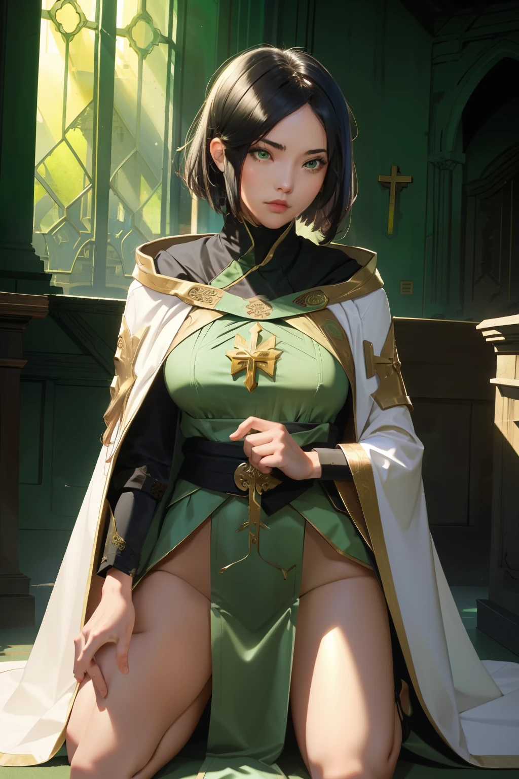 (masutepiece, Best Quality),  Intricate details,
1girl in,    VIPER \(pricing\), Green eyes, Brave Viper
 Dark Priest, White robe, cloaks, hoods, Cross, 
Tearing down the church, Indoors, temple, legs showing, full body