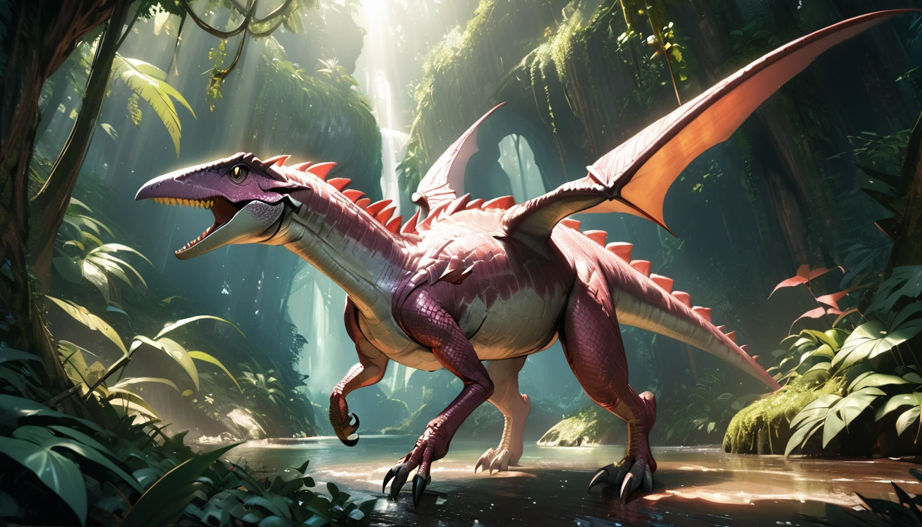 cute pink Pteranodon, 1 pink dinosaur, mythological creature, fantasy art, detailed scales, sharp teeth, claws, spikes, vibrant colors, glowing eyes, dynamic pose, natural environment, lush foliage, sunlight, photorealistic, 8k, high resolution, intricate details, digital painting, concept art