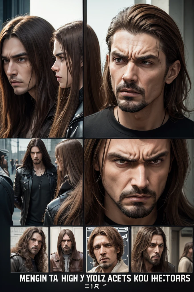 Comic panel Tall man light brown hair, metalhead, metalhead, angry face but good people