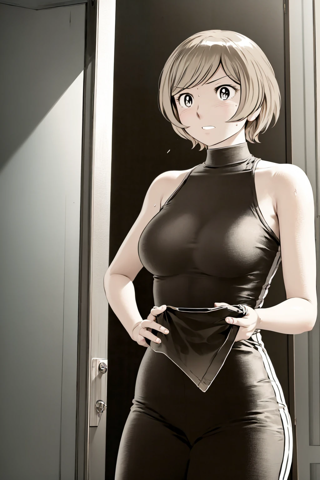 、(masterpiece、Highest quality)、Highest quality, Ultra-high resolution, (((masterpiece))), alone, Sweat、Big eyes, Please show me your armpits, No sleeve、Outdoor、Floral dress、Composition from the front、(Cut the back hair short、short hair、blonde、woman)、Shortcuts、Embarrassed face、Cut your hair short、可愛いwomanの子、Big Breasts