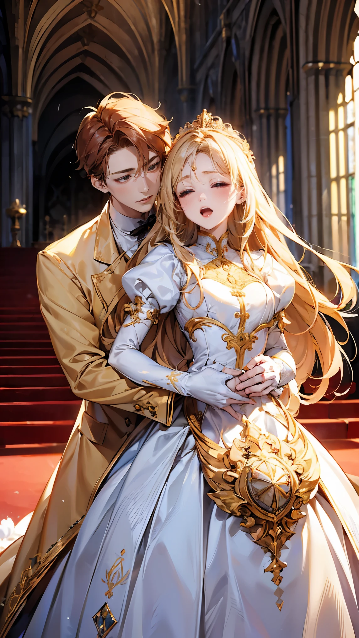 In front of the majestic church altar、(Blurred Background)、Bright light、golden long hair girl、classic white wedding dress、(Elegant luster)、(Lots of races)、Lots of ribbons、((Voluminous puff sleeves))、Long cuffs with lots of buttons、Gold embroidery、Long train、White embroidered gloves、Five Fingers、(Sexual climax), Redness on the cheeks, ((1 boy, A boy is grabbing a girl's breasts from behind:1.8)), (Raise the hand:1.4)