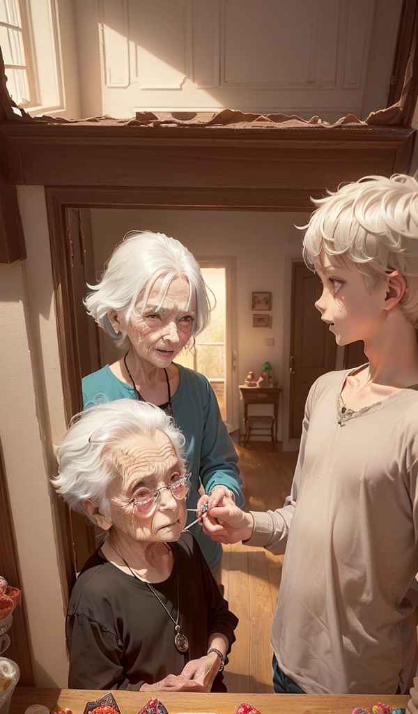 (Anime style:1.5), (highly detailed), (kind-looking old woman appearing from a side room:1.7), (white hair and red eyes), (gentle smile), (interior of the candy house), (offering more sweets to 1 boy and 1 girl:1.7), (warmly lit interior), (subtle hints of something sinister in the background), (walls made of gingerbread and candy), (sweets and treats all around)