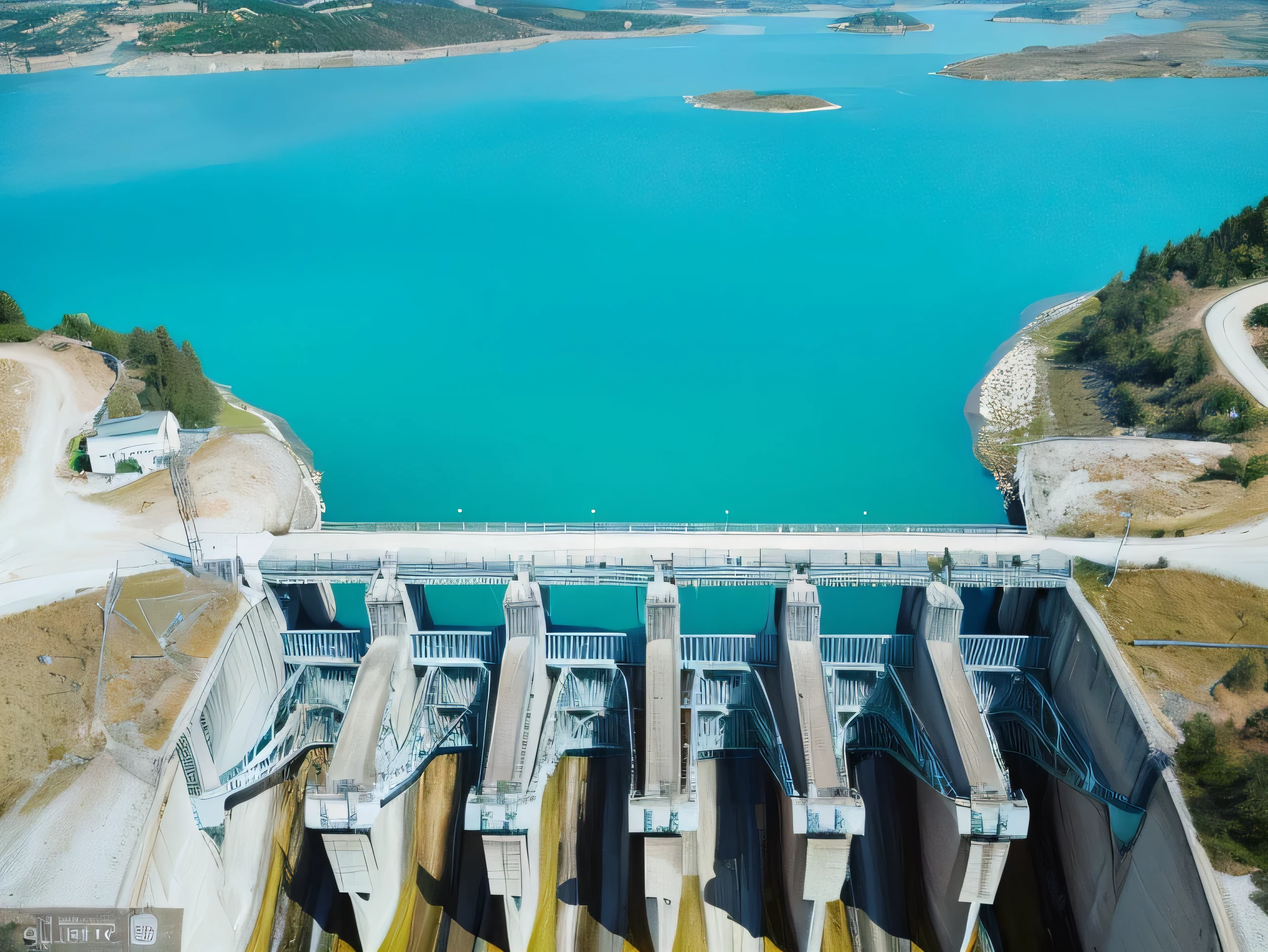 arafed view of a dam with a large body of water, water reservoir, shutterstock, water and power, viewed from above, the photo shows a large, photo taken from above, stock photo, technical, beautiful image, by Karl Völker, seen from above, shot from a drone, Best seller, turkey, by Carlo Martini,Optimization effect,Adjust colors,Generate more beautiful pictures