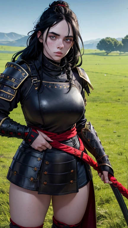 Medieval female warrior Billie Eilish face), beautiful face, heavy armor(black and red), athletic physique, big round breasts, exposed thighs, round Buttocks, long black hair tied braid, light blue eyes, freckles on her face, background open field