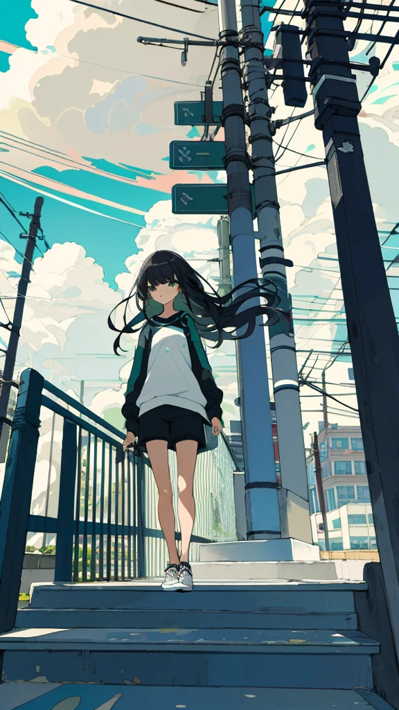 masterpiece, Exquisite detail,Highest quality, One girl, alone, handrail, cloud, Walking down the street,Outdoor, Long Hair, shoes, null, Long sleeve, sneakers, Power lines, White footwear, Black Hair, View your viewers, Electric pole, bangs, cloudy null, fish, bird, Green Eyes, Shorts, animal, Day, Black Shirt, barefoot