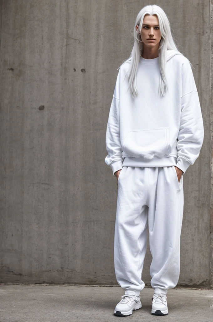 I want my character to have white hair and be tall. Long hair. What do oversized pants with an oversized sweatshirt tell you?
