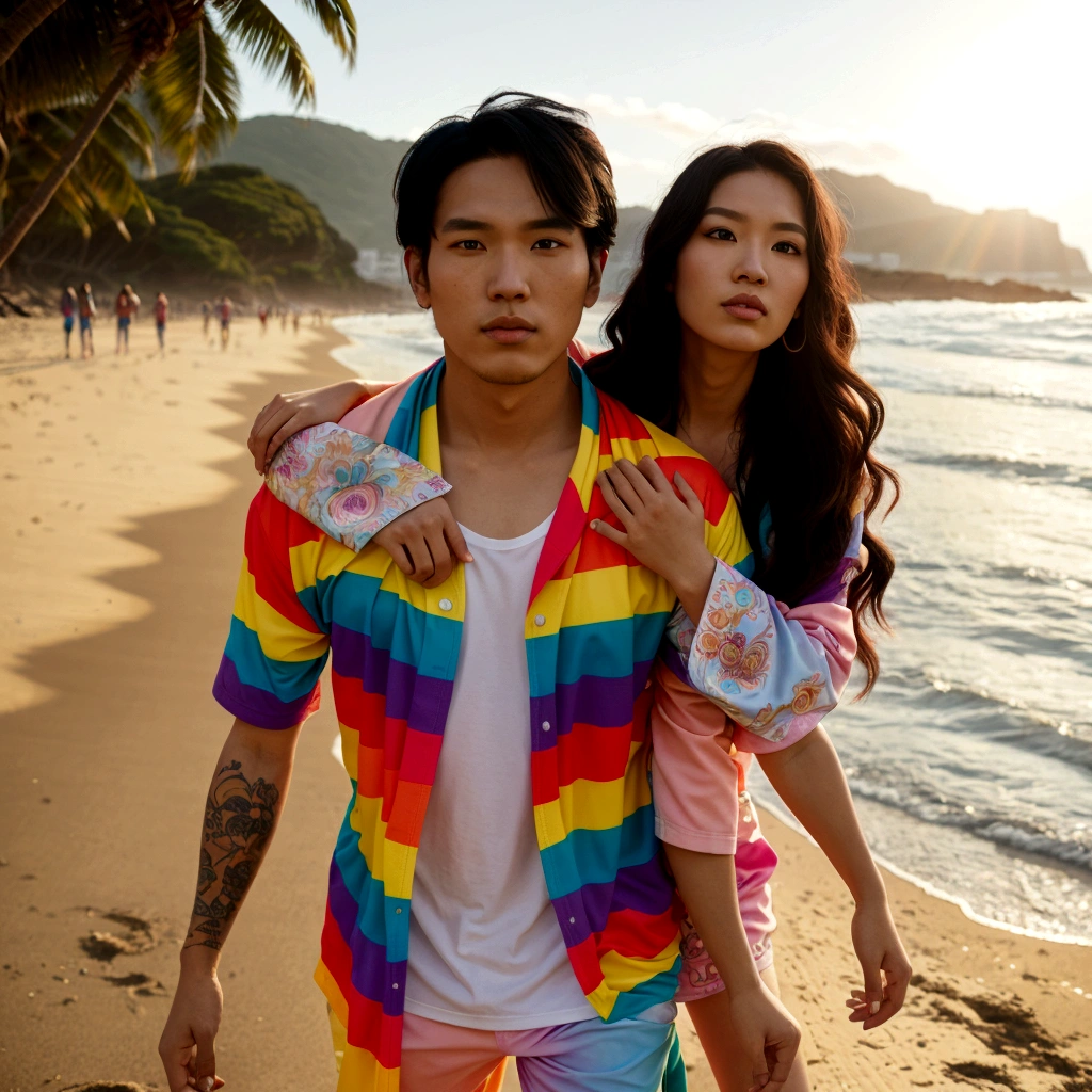 there is a man and woman walking on the beach together, rainbow clothes, alex yanes and lisa frank, jordan grimmer and natasha tan, inspired by Adam Dario Keel, official, rick dai, ( colorful ), photoshoot, colorful photo, colorful picture, wearing rainbow kimono, ruan jia and brom, colourful clothing, rainbow bg, colorful clothing, official art