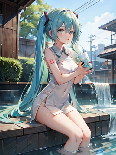 Hatsune Miku in uniform bathes in a footbath in front of the station,The light reflected in the water when you drink 