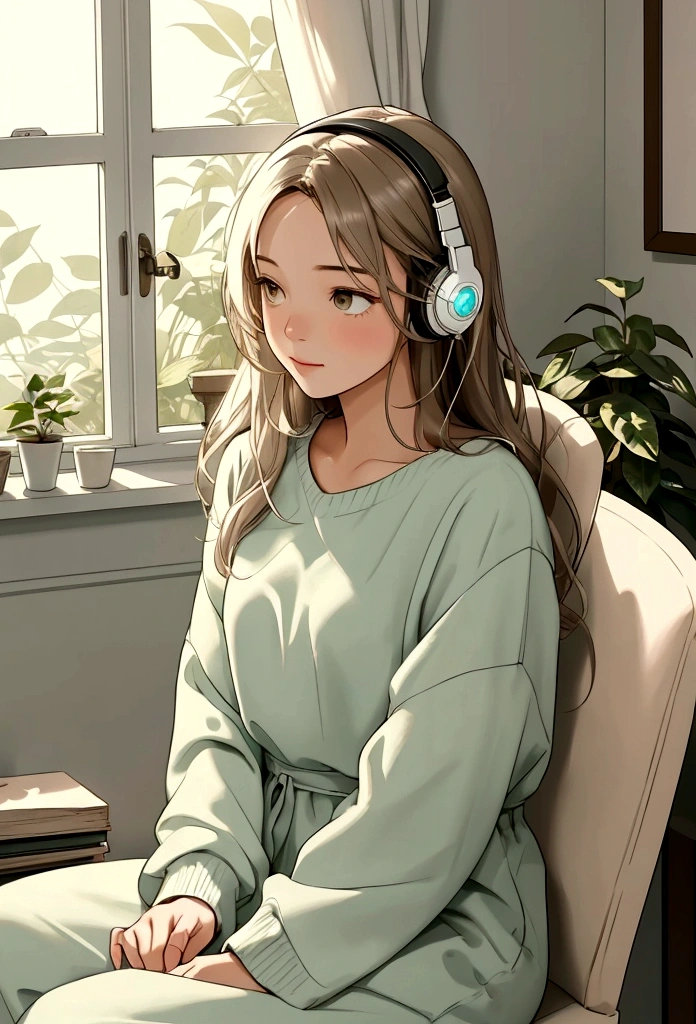 Create a chill and relaxing scene inside a cozy room. The room is softly lit with warm, ambient lighting. In the scene, there is a relaxed girl sitting in a comfortable chair near a window, wearing headphones and enjoying music. The window offers a gentle view of a garden outside. The room has a few scattered items like books, a small plant, and a record player, enhancing the cozy atmosphere. The girl has a content and serene expression. The color palette should be soft and calming, using pastel and earth tones to create a tranquil environment. No text should be included in the image. This image is for a YouTube banner, so the dimensions should be 2560x1440 pixels.
