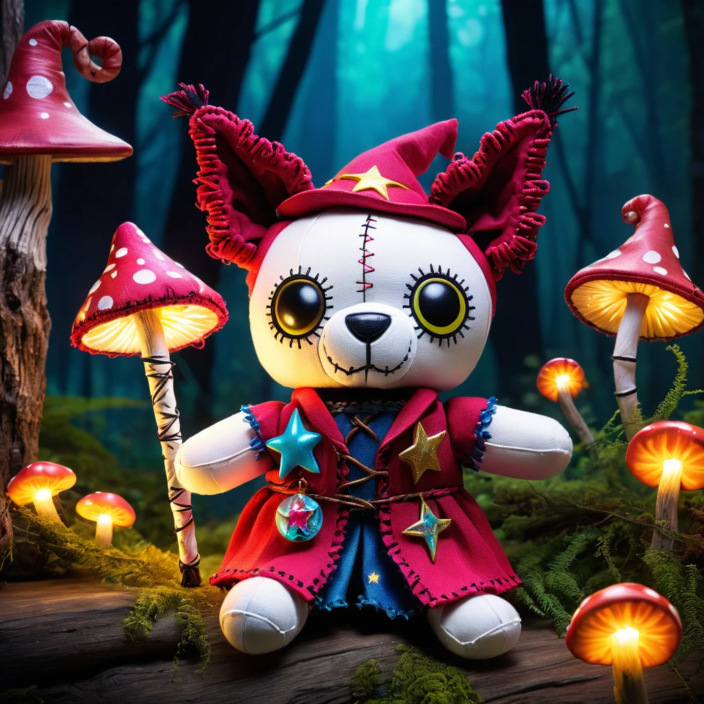 (knitted toy voodoo doll:1.8), (Voodoo dog:1.5), (Clothing: wizard robe with funny star patterns:1.0), (Accessories: glowing wand, magical spell book, enchanted pointed hat:1.2), (Background: whimsical magical forest with colorful mushrooms, sparkling fireflies, and joyful fairies:1.2), (full body:1.0), best quality, masterpiece, detailed soft oil painting, detailed background, dramatic cinematic lighting, soft edge lighting, professional, dramatic lighting, hard edge lighting, ultra quality, 4k,masterpiece, best quality, 8k, ultra highres, highres, extremely detailed