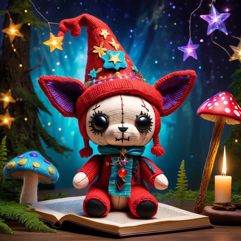 (knitted toy voodoo doll:1.8), (Voodoo dog:1.5), (Clothing: wizard robe with funny star patterns:1.0), (Accessories: glowing wand, magical spell book, enchanted pointed hat:1.2), (Background: whimsical magical forest with colorful mushrooms, sparkling fireflies, and joyful fairies:1.2), (full body:1.0), best quality, masterpiece, detailed soft oil painting, detailed background, dramatic cinematic lighting, soft edge lighting, professional, dramatic lighting, hard edge lighting, ultra quality, 4k,masterpiece, best quality, 8k, ultra highres, highres, extremely detailed