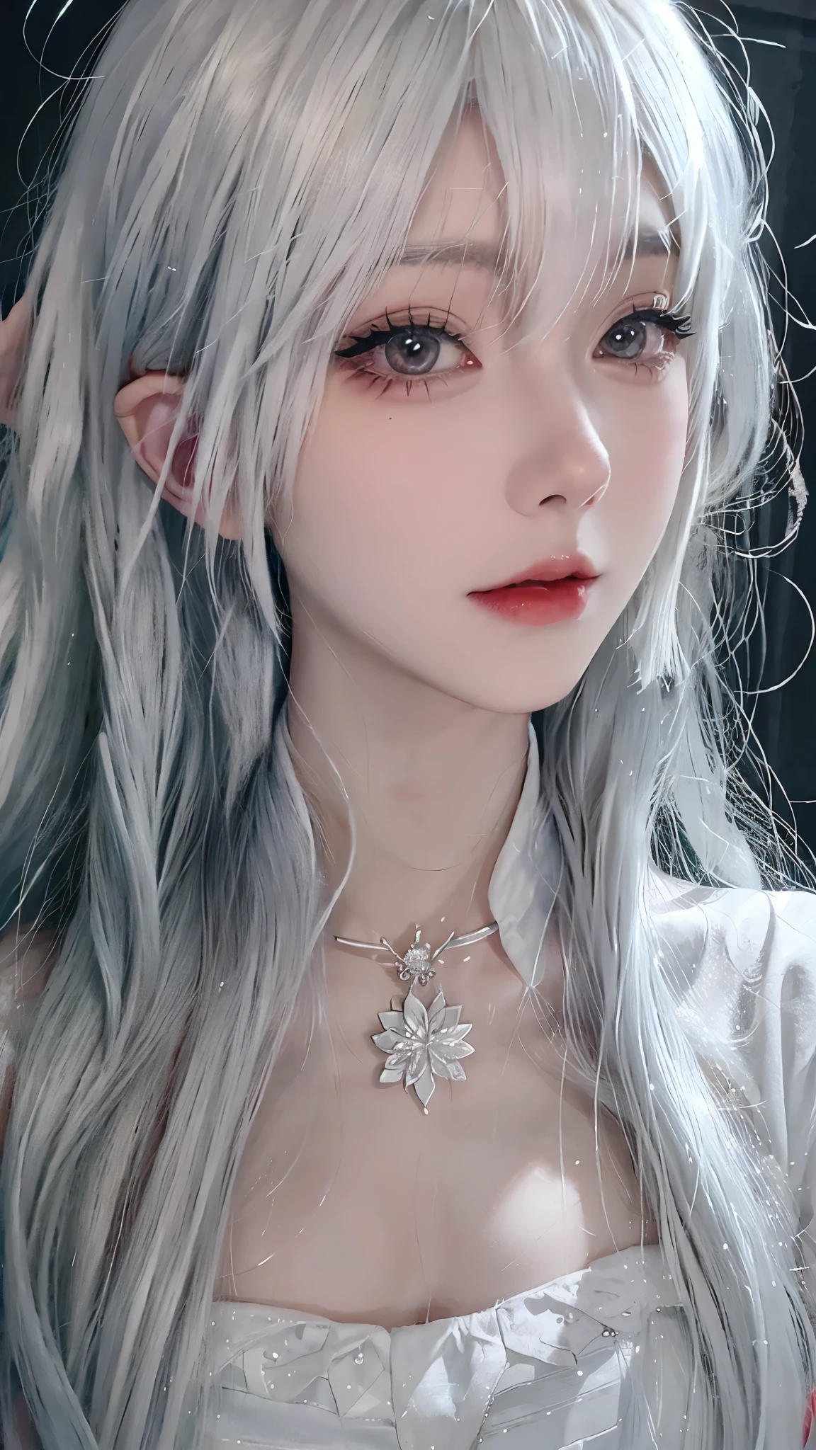 Close-up of a long-haired woman wearing a white sweater, Perfect white-haired girl, Attractive anime girl, Beautiful and attractive anime woman, Long white hair, Attractive anime girl, Beautiful anime girl, 有着Long white hair, Realistic young anime girl, White hair girl, White hair, Anime girls in real life, Beautiful anime woman, Realistic anime