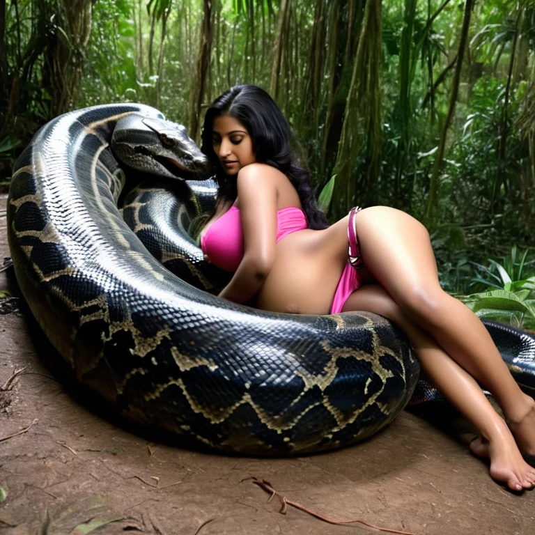 Pregnant Topless pink thong wearing aroused horny beautiful happy young Indian girl vs Giant colossal black anaconda monster wrapped around her body squeezing her in coiled embrace cuddling and kissing sexual erotic bestiality sex realistic in the rainforest full body, best quality wet