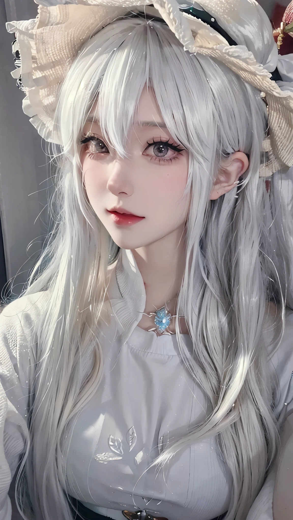 Close-up of a long-haired woman wearing a white sweater, Perfect white-haired girl, Attractive anime girl, Beautiful and attractive anime woman, Long white hair, Attractive anime girl, Beautiful anime girl, 有着Long white hair, Realistic young anime girl, White hair girl, White hair, Anime girls in real life, Beautiful anime woman, Realistic anime