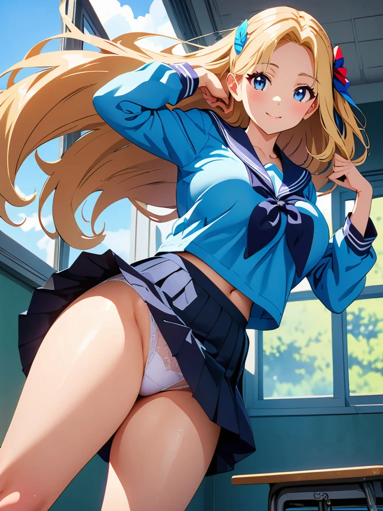 (Anime works, Anime Style, Studio Anime, Very detailed, Latest, Vibrant, Anime Coloring, High Contrast, masterpiece:1.2, Highest quality, Best aesthetics), A woman wearing a sailor suit, Pleated skirt,Skirt flip、 Big Breasts, hair accessory, Thighs glimpsed,White see-through panties、 blonde, Straight long hair, Perfect proportions, Skin with attention to detail, cute, Detailed face, Random sexy poses, School classroom, Accurate Fingers,