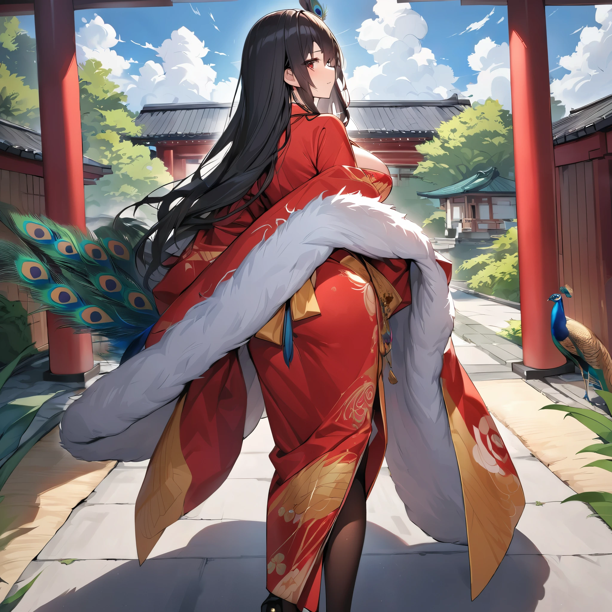 A woman wearing a red kimono with yellow details on long sleeves, peacock designs on the kimono, peacock feathers on the kimono, long brown stockings, black hair, long hair, golden peacock feather in her hair, red eyes, close view,blue sky with clouds., walking on a concrete sidewalk of a Japanese garden, with peacocks around, white fur cape, big breasts,(solo woman),.HDR, ultra resolution, well defined, masterpiece, 8K HD. (solo woman)
