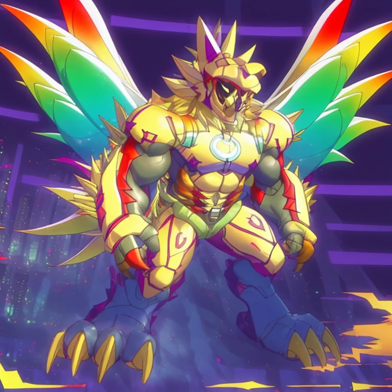 (masterpiece. official art. 8k. best quality. detailed full body. full body.)

(situation 1 : dominating The Phoenix Wolf. The Phoenix Wolf is over 1000 meters long. focus GIANT mechanical Muscular The Phoenix Wolf is trampling the car. Looking down.)

(situation 2 :smoke and flames rising from the destruction in the city)

(Additional details 1: Wearing golden Armor. Cape. Helmet. real texture material. whole body shines like metal. emphasizes the muscles. suit fully made of metal.Robotic suit).

(Additional details 1.5: The arms are golden. The lower half of the body is golden. The wolf-shaped helmet has sharp fangs. The whole body is golden. The chest area is also golden. There is a ring above the head.).

(Additional details 2: Detailed head. Detailed Body. Detailed abs. gigantic muscles. HYPER MUSCLES. Gigachad Muscular. big muscle. pecs. triceps. traps. unusually developed muscular body. body full of huge muscles. showing off muscles. pectorales enormes. Exaggeratedly huge muscles. huge muscles. long legs.).

(Additional details 3: Spread wings. It has wings. The claws are sharp. Sharp teeth.). He is laughing defiantly. The claws are sharp. Sharp teeth.). 

(Additional details 3.5 : nj5furry,  He is laughing defiantly. medieval armor.). 