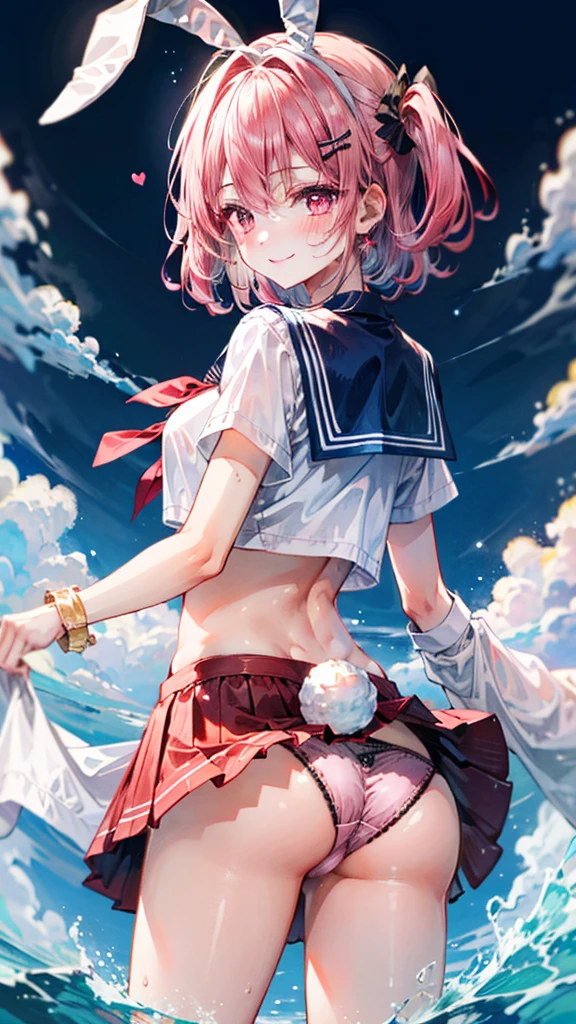(Best quality, 8k, 32k, Masterpiece, UHD,:1.2),RAW, human, 1girl,ultra cute , ultra cute, natural lighting,transparent shining eyes, 20yo, medium breast ,femur, fair complexion , flushed face, sailor suit, playboy rabbit ear, pink hair, short hair, From Behind, Cowboy shot, sailor skirt, show off panties, smiling