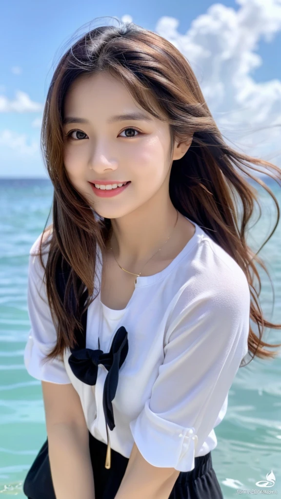 Tabletop、(Highest quality、4K、8K、High resolution、Masterpiece: 1.2)、Super detailed、(Real、Photorealistic、Photorealistic: 1.37)、Full Body Shot、Complex and beautiful eyes、woman、long hair、Natural color lip、whiteTshirt、Bold and sexy pose、smile、Ocean、20 year old girl、A cute and sexy shot looking straight at the camera。