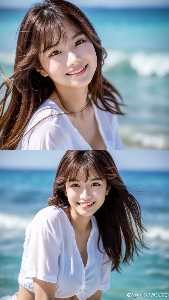 (((Multiple Angles:1.2)))、((Full body photo:1.3))、((Beautiful blue sea:1.2))、((White sand beach))、(((All Nude:1.3)))、(Very detailed beautiful face of one young girl), Great look and best quality:1.4), (Super detailed), (8k wallpaper), Very detailed, High-resolution RAW color photos, Professional photography, Realistic portraits,  Brown eyes, In 8K、Very detailed美しい女の子の詳細な顔、Very detailed目、Very detailed皮膚、Very detailed指、Very detailed鼻、Very detailed詳細な口、Perfect Anatomy、Detailed Background、1 beautiful girl、Realistic body、Model-like body、((Realistic beautiful girl))、White skin、Glowing Skin、((Beautiful black hair))、((A happy smile:1.2))、A vivid face、Delicate eyes、((play nude on the beach:1.3)), ((Pale pink nipples))、((Small nipples.)), Depth of written boundary, Full Shot、(Nothing worn)、