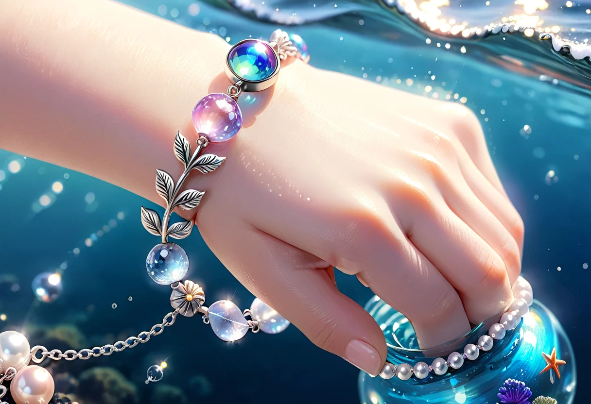 A shiny silver bracelet, on the wrist, marine-themed charms, pearls, transparent colorful beads, delicate thin chain, (best quality, 4k, 8k, highres, masterpiece:1.2), ultra-detailed, (realistic, photorealistic, photo-realistic:1.37), intricate jewelry design, exquisite craftsmanship, shimmering metallic, ocean-inspired, iridescent pearls, vibrant hues, delicate filigree, elegant accessory, feminine aesthetics, close-up, detailed texture, soft focus, warm lighting