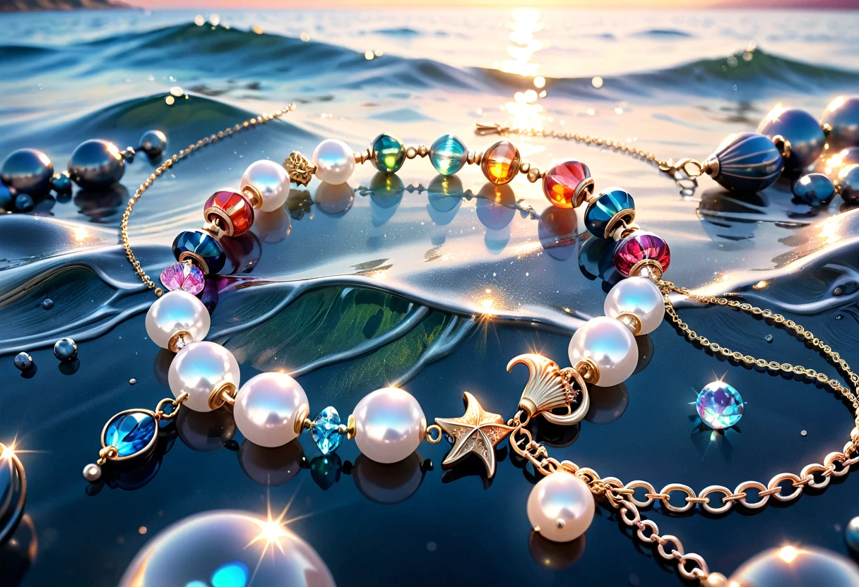 A shiny silver bracelet, on the wrist, marine-themed charms, pearls, transparent colorful beads, delicate thin chain, (best quality, 4k, 8k, highres, masterpiece:1.2), ultra-detailed, (realistic, photorealistic, photo-realistic:1.37), intricate jewelry design, exquisite craftsmanship, shimmering metallic, ocean-inspired, iridescent pearls, vibrant hues, delicate filigree, elegant accessory, feminine aesthetics, close-up, detailed texture, soft focus, warm lighting