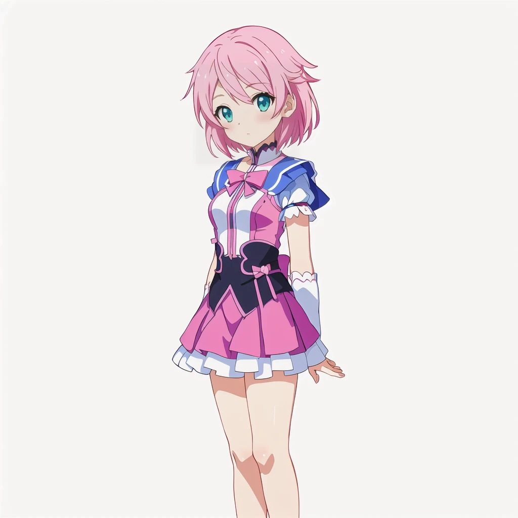 Highest quality, high resolution, High quality anime art style, Official Art, Smooth anime CG art, Stylized anime, Cute 3D anime girl render, Visual Novel Sprites, White background, whole body, Anime-style 3D, Smooth anime CG art, Humanoid Girl, JRPG Characters, Magical Girl Style, Pink Hairと紫色のドレスを着たアニメの女の子, Pink Hair, Cyan Eyes, short hair, Pink ribbon, Holding a magic recorder in his right hand ,Small Bust, Small breasts, 