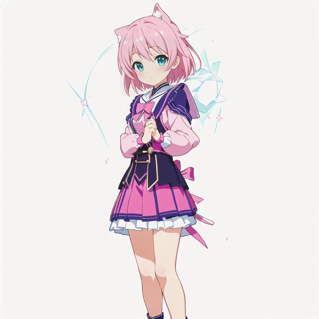 Highest quality, high resolution, High quality anime art style, Official Art, Smooth anime CG art, Stylized anime, Cute 3D anime girl render, Visual Novel Sprites, White background, whole body, Anime-style 3D, Smooth anime CG art, Humanoid Girl, JRPG Characters, Magical Girl Style, Pink Hairと紫色のドレスを着たアニメの女の子, Pink Hair, Cyan Eyes, short hair, Pink ribbon, Holding a magic recorder in his right hand ,Small Bust, Small breasts, 13 years old