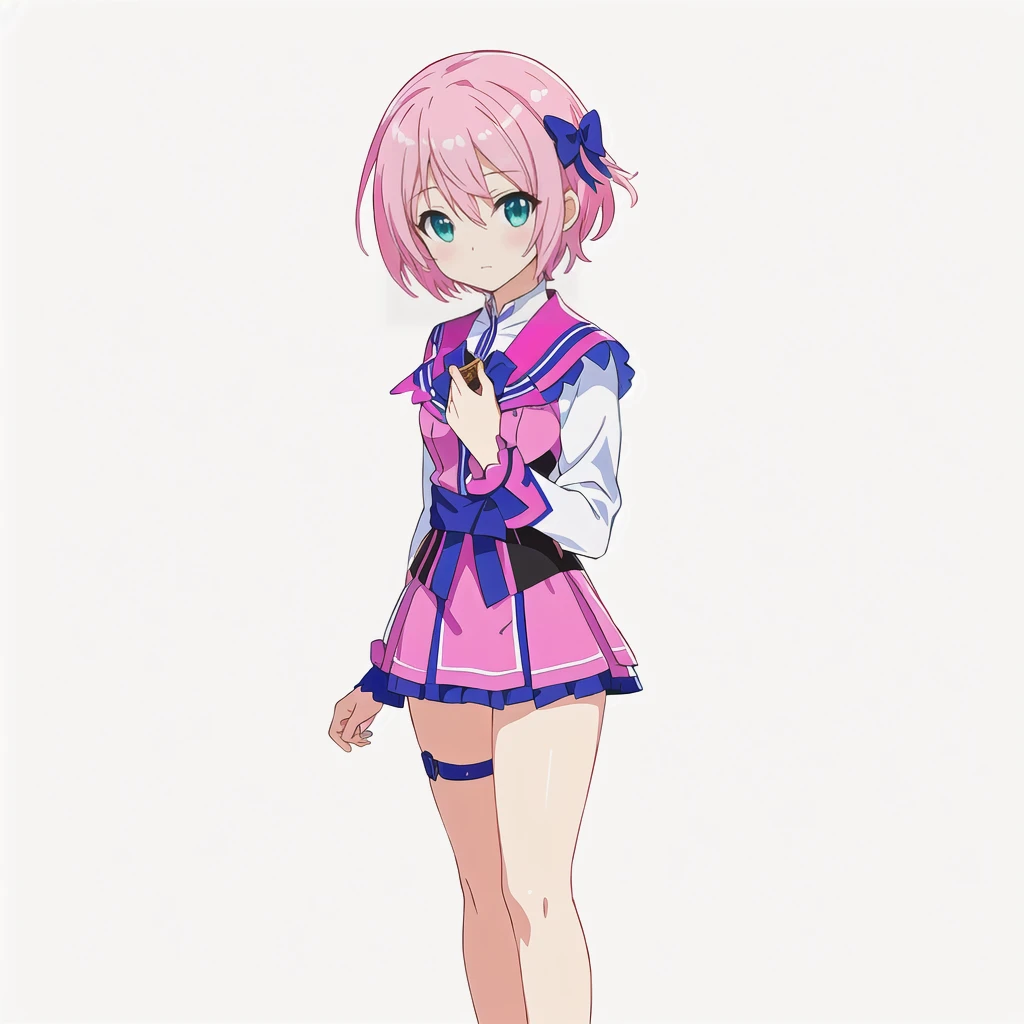 Highest quality, high resolution, High quality anime art style, Official Art, Smooth anime CG art, Stylized anime, Cute 3D anime girl render, Visual Novel Sprites, White background, whole body, Anime-style 3D, Smooth anime CG art, Humanoid Girl, JRPG Characters, Magical Girl Style, Pink Hairと紫色のドレスを着たアニメの女の子, Pink Hair, Cyan Eyes, short hair, Pink ribbon, Holding a magic recorder in his right hand ,Small Bust, Small , 13 years old