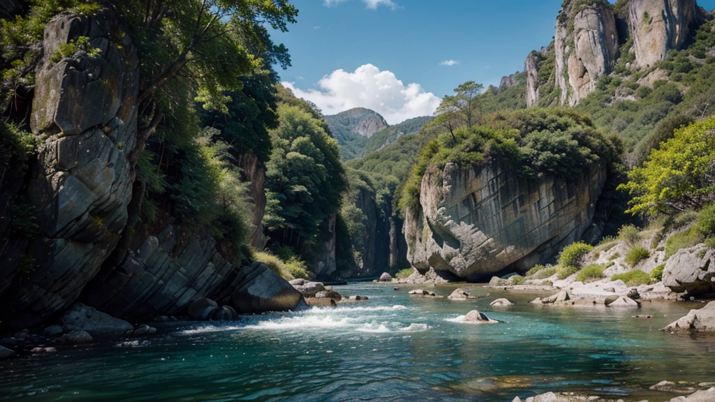 a large rock climbing wall in a lush green valley with a river, dramatic high contrast lighting, vivid colors, epic landscape, towering rock wall, adventurous climbers, rugged terrain, dramatic shadows, natural environment, serene atmosphere, beautiful scenery, (best quality,4k,8k,highres,masterpiece:1.2),ultra-detailed,(realistic,photorealistic,photo-realistic:1.37),detailed rock textures,dramatic lighting,dramatic shadows,vivid greens,azure blue skies,foaming river,adventure,exploration