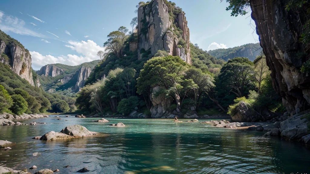 a large rock climbing wall in a lush green valley with a river, dramatic high contrast lighting, vivid colors, epic landscape, towering rock wall, adventurous climbers, rugged terrain, dramatic shadows, natural environment, serene atmosphere, beautiful scenery, (best quality,4k,8k,highres,masterpiece:1.2),ultra-detailed,(realistic,photorealistic,photo-realistic:1.37),detailed rock textures,dramatic lighting,dramatic shadows,vivid greens,azure blue skies,foaming river,adventure,exploration
