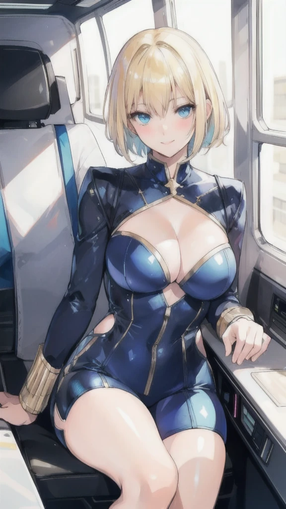 A young sexy woman with blond hair and blue eyes,short hair,wearing hot clothes,Sitting in the spaceship seat,Beautiful starla can be seen in the window,Smile,Blushing,Large Breasts,Sexy