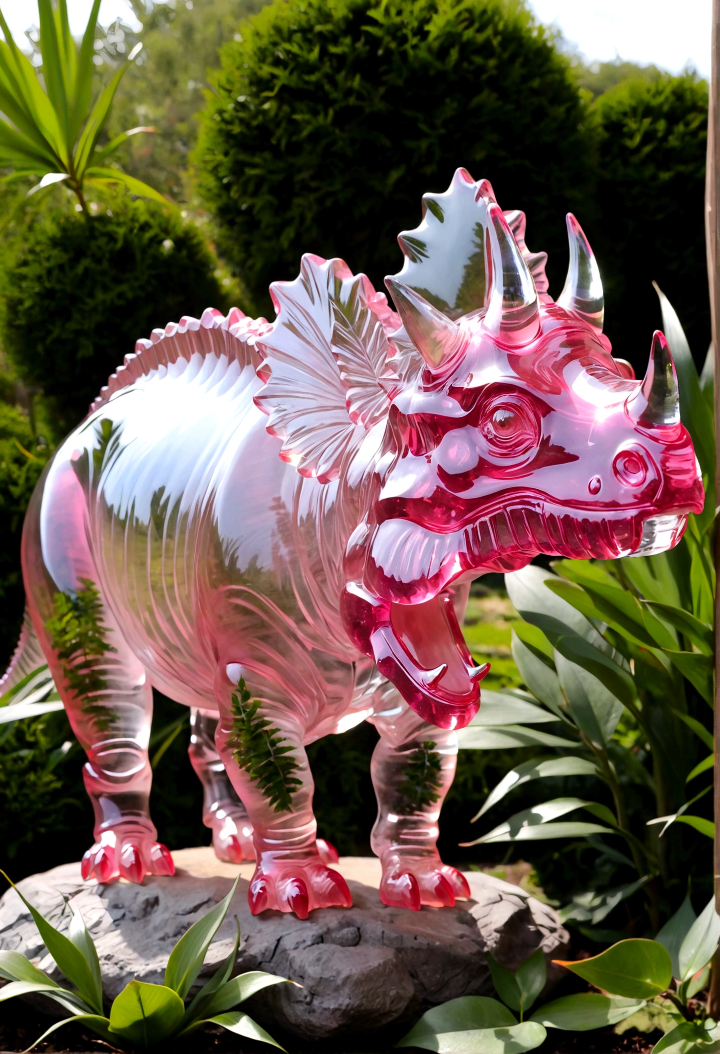 a crystal and glass triceratops sculpture, stunning crystal and glass triceratops ornament in a flower garden, beautiful pink crystal triceratops, highly detailed crystal and glass triceratops figurine, intricate crystal and glass triceratops sculpture in a lush garden, photorealistic crystal and glass triceratops ornament, hyper detailed pink crystal and glass triceratops, masterful crystal and glass triceratops art piece, stunningly realistic crystal and glass triceratops statue, exquisite pink crystal and glass triceratops ornament in a flower garden
