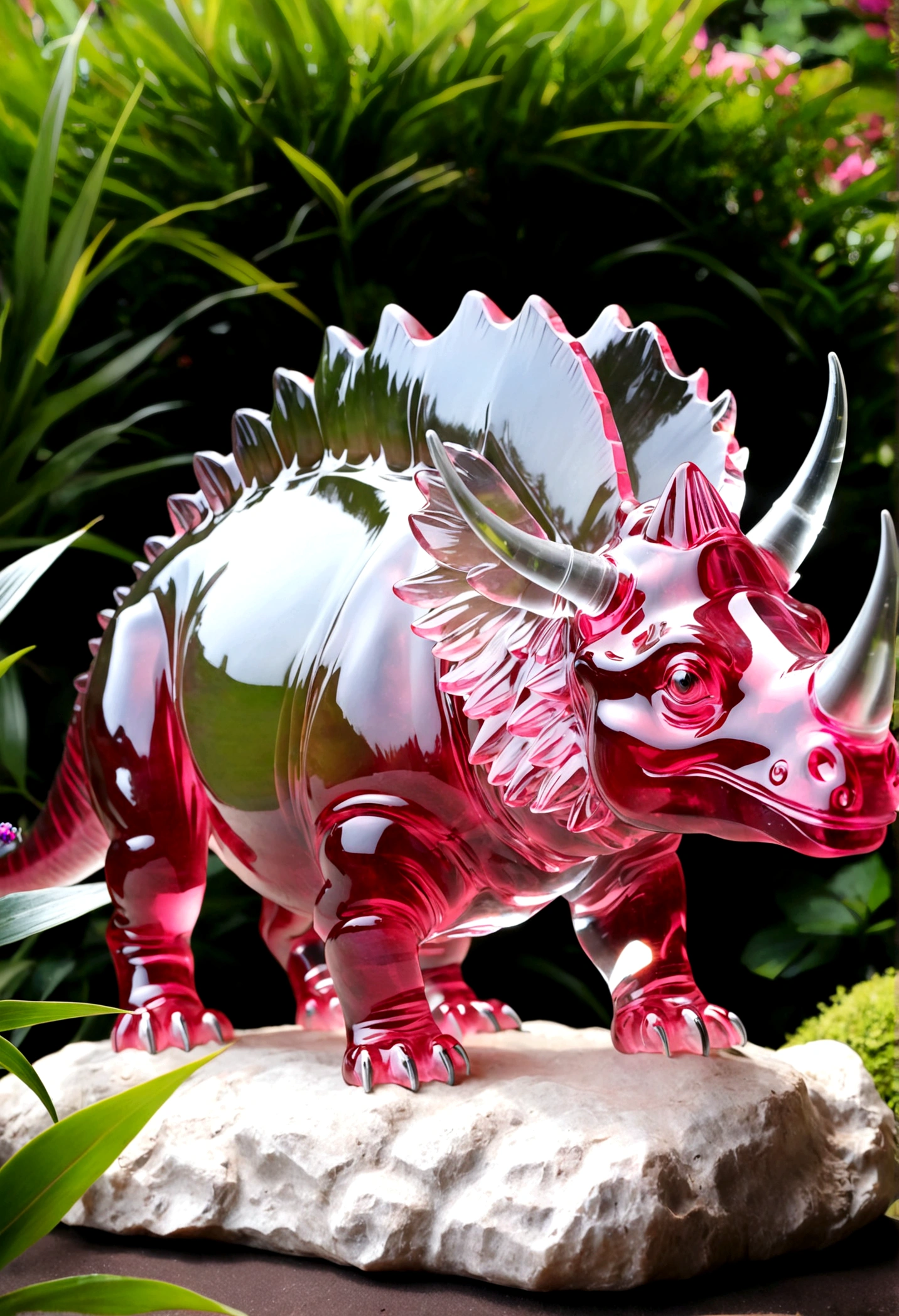 a crystal and glass triceratops sculpture, stunning crystal and glass triceratops ornament in a flower garden, beautiful pink crystal triceratops, highly detailed crystal and glass triceratops figurine, intricate crystal and glass triceratops sculpture in a lush garden, photorealistic crystal and glass triceratops ornament, hyper detailed pink crystal and glass triceratops, masterful crystal and glass triceratops art piece, stunningly realistic crystal and glass triceratops statue, exquisite pink crystal and glass triceratops ornament in a flower garden
