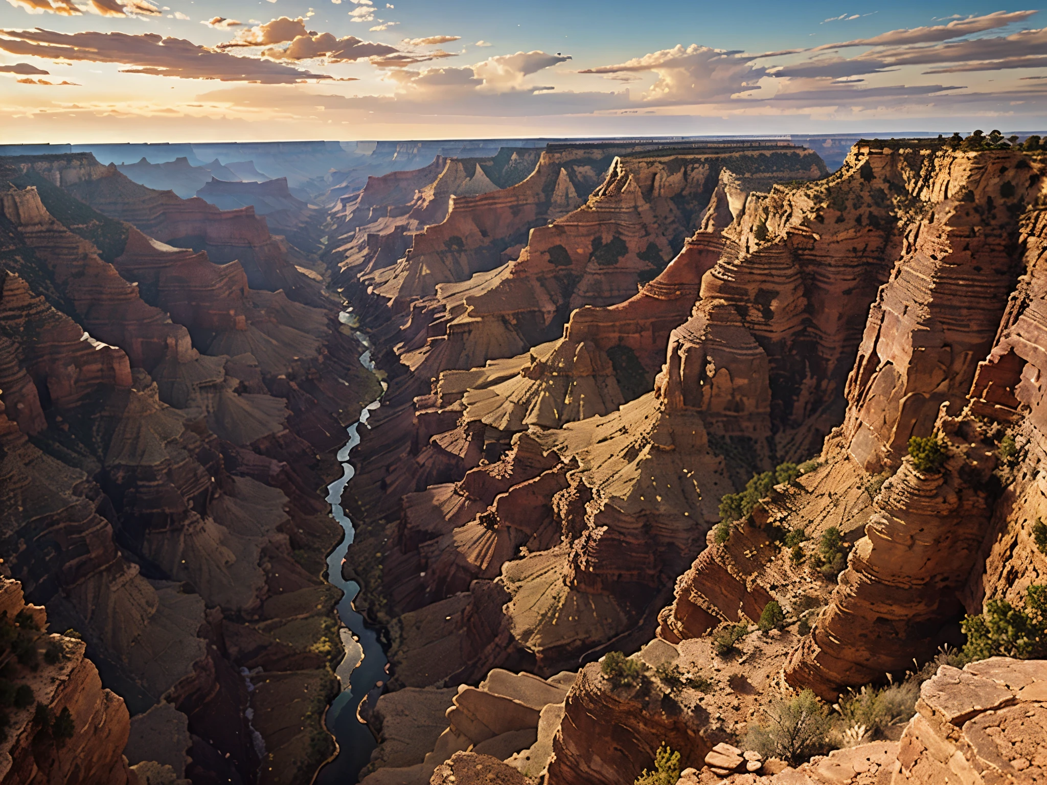 The vast Grand Canyon in the USA, a stunning marvel of nature with towering cliffs and a kaleidoscope of hues. This breathtaking landscape is depicted in a masterfully captured photograph. The intricate layers of sedimentary rock appear as rich tapestries in shades of crimson, ochre, and gold. The immensity of the canyon is beautifully highlighted, showcasing the grandeur and complexity of this natural wonder. This high-quality image exudes a sense of awe and wonder, inviting viewers to immerse themselves in the beauty of the Grand Canyon.