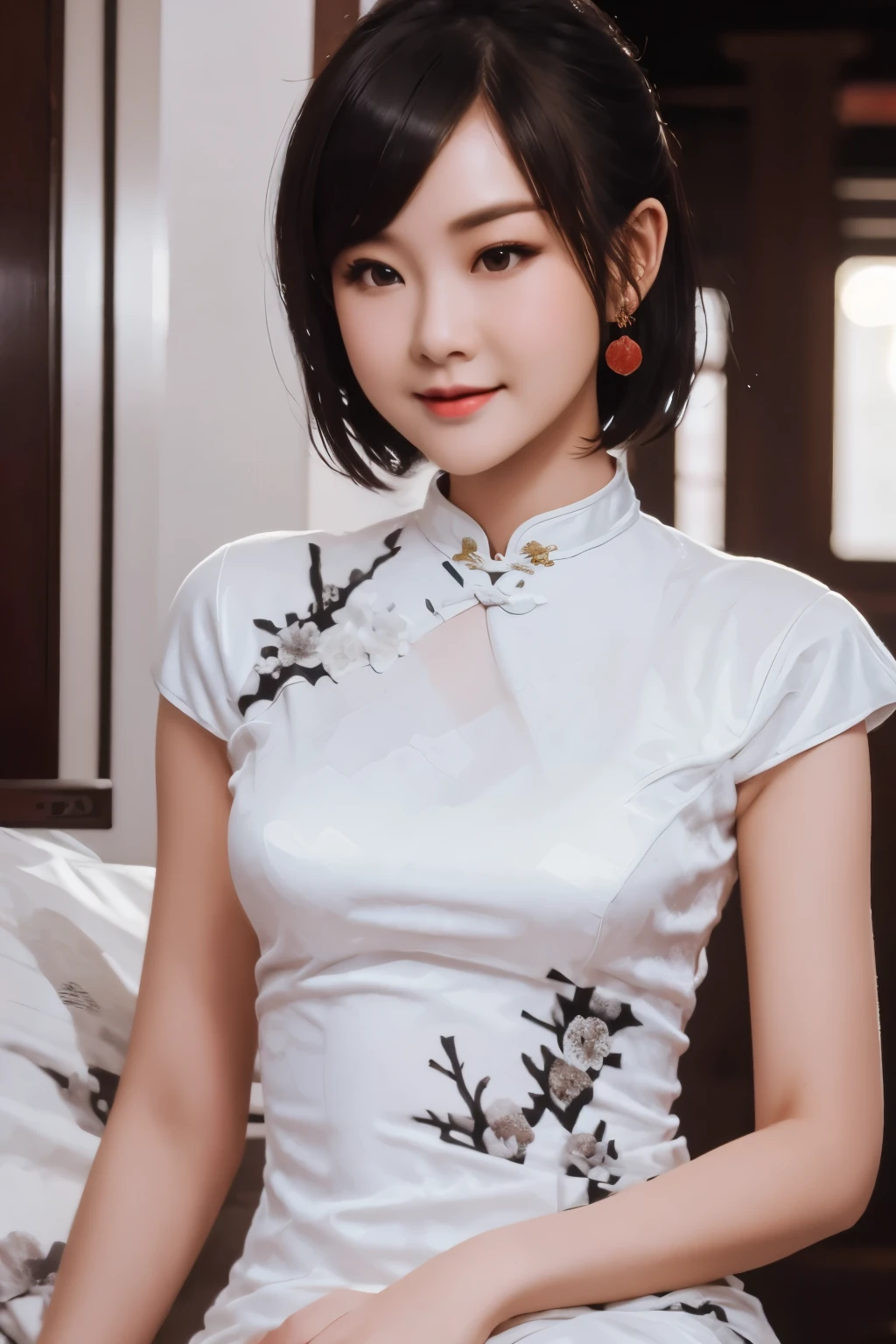 (Light yellow cheongsam) (A 20-year-old female,Permanent), (Surrealism), (high-definition), ((short hair:1.1)), (smooth black hair), (gentle smile), (shut your mouth)