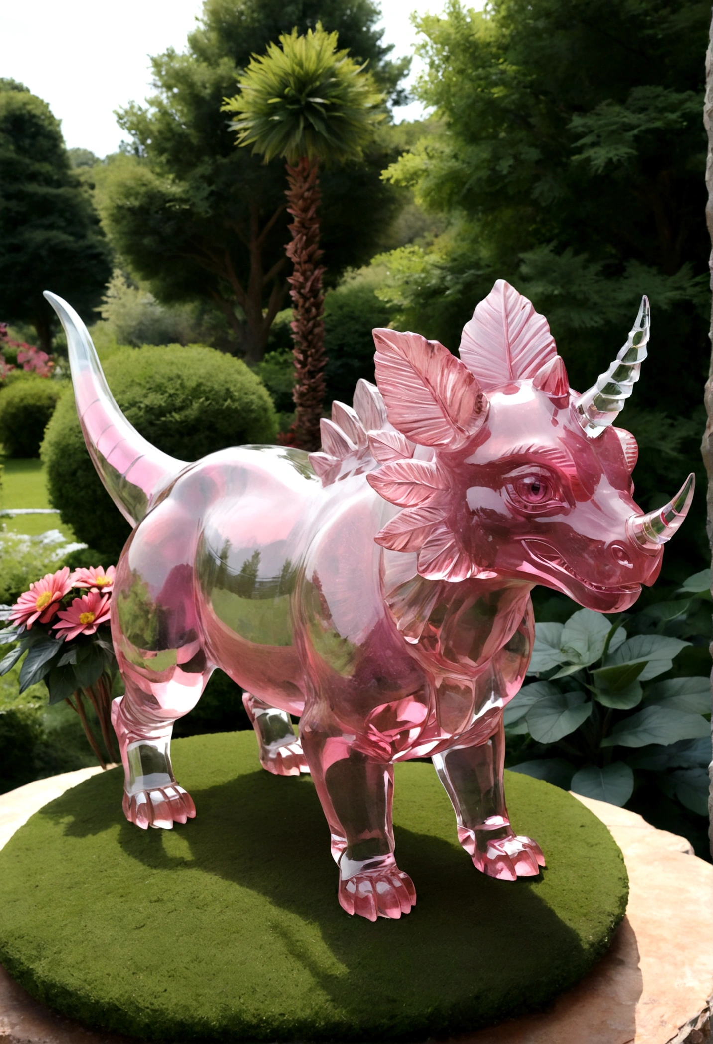 a crystal and glass triceratops sculpture, stunning crystal and glass triceratops ornament in a flower garden, beautiful pink crystal triceratops, highly detailed crystal and glass triceratops figurine, intricate crystal and glass triceratops sculpture in a lush garden, photorealistic crystal and glass triceratops ornament, hyper detailed pink crystal and glass triceratops, masterful crystal and glass triceratops art piece, stunningly realistic crystal and glass triceratops statue, exquisite pink crystal and glass triceratops ornament in a flower garden