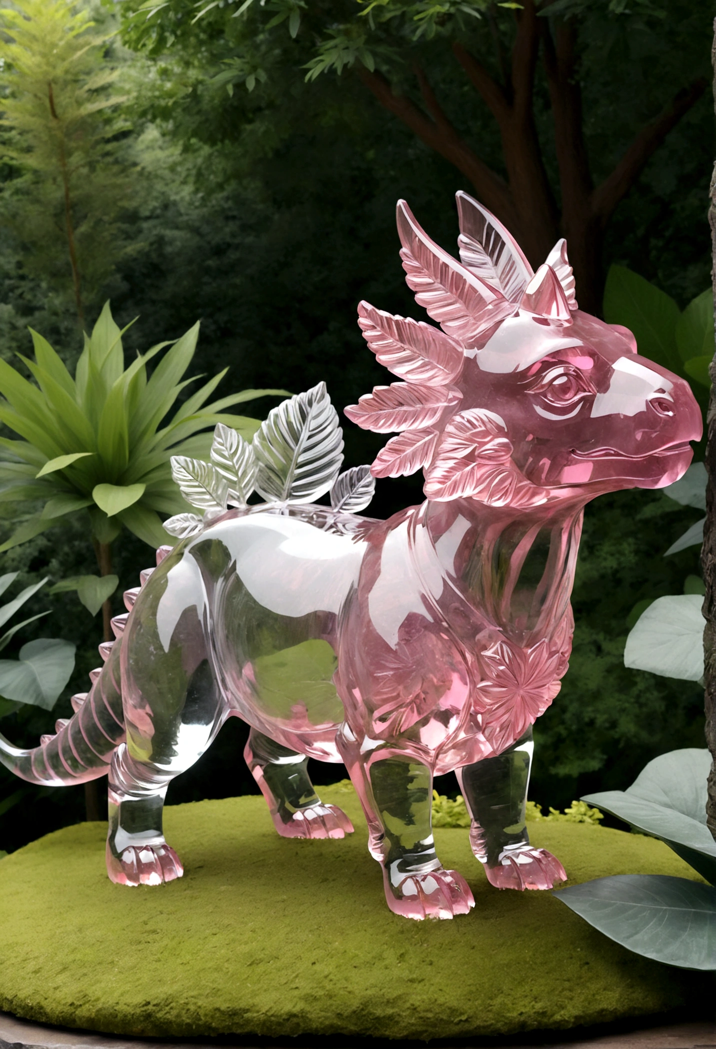 a crystal and glass triceratops sculpture, stunning crystal and glass triceratops ornament in a flower garden, beautiful pink crystal triceratops, highly detailed crystal and glass triceratops figurine, intricate crystal and glass triceratops sculpture in a lush garden, photorealistic crystal and glass triceratops ornament, hyper detailed pink crystal and glass triceratops, masterful crystal and glass triceratops art piece, stunningly realistic crystal and glass triceratops statue, exquisite pink crystal and glass triceratops ornament in a flower garden
