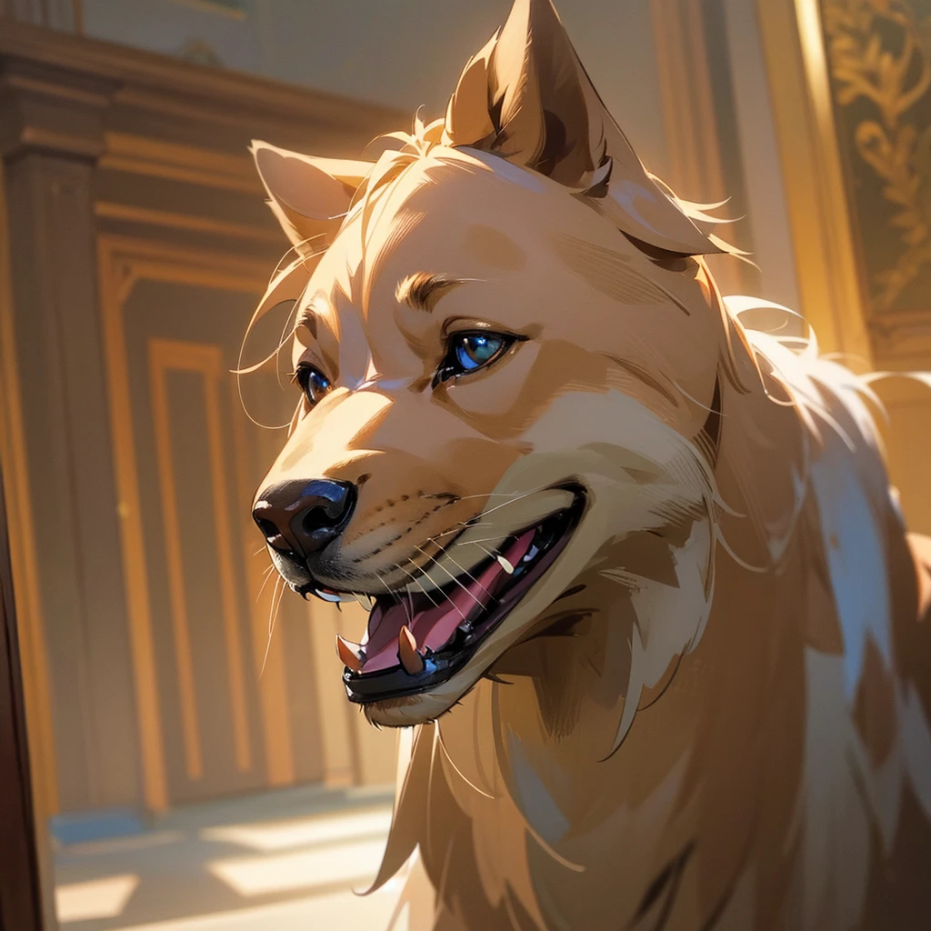 A highly detailed and photorealistic anthropomorphic furry golden retriever dog, beautiful detailed eyes, beautiful detailed nose and mouth, extremely detailed fur, standing up in a indoor environment, (best quality,4k,8k,highres,masterpiece:1.2),ultra-detailed,(realistic,photorealistic,photo-realistic:1.37),intricate details,studio lighting,vivid colors,warm lighting,natural setting,dynamic pose,looking directly at camera