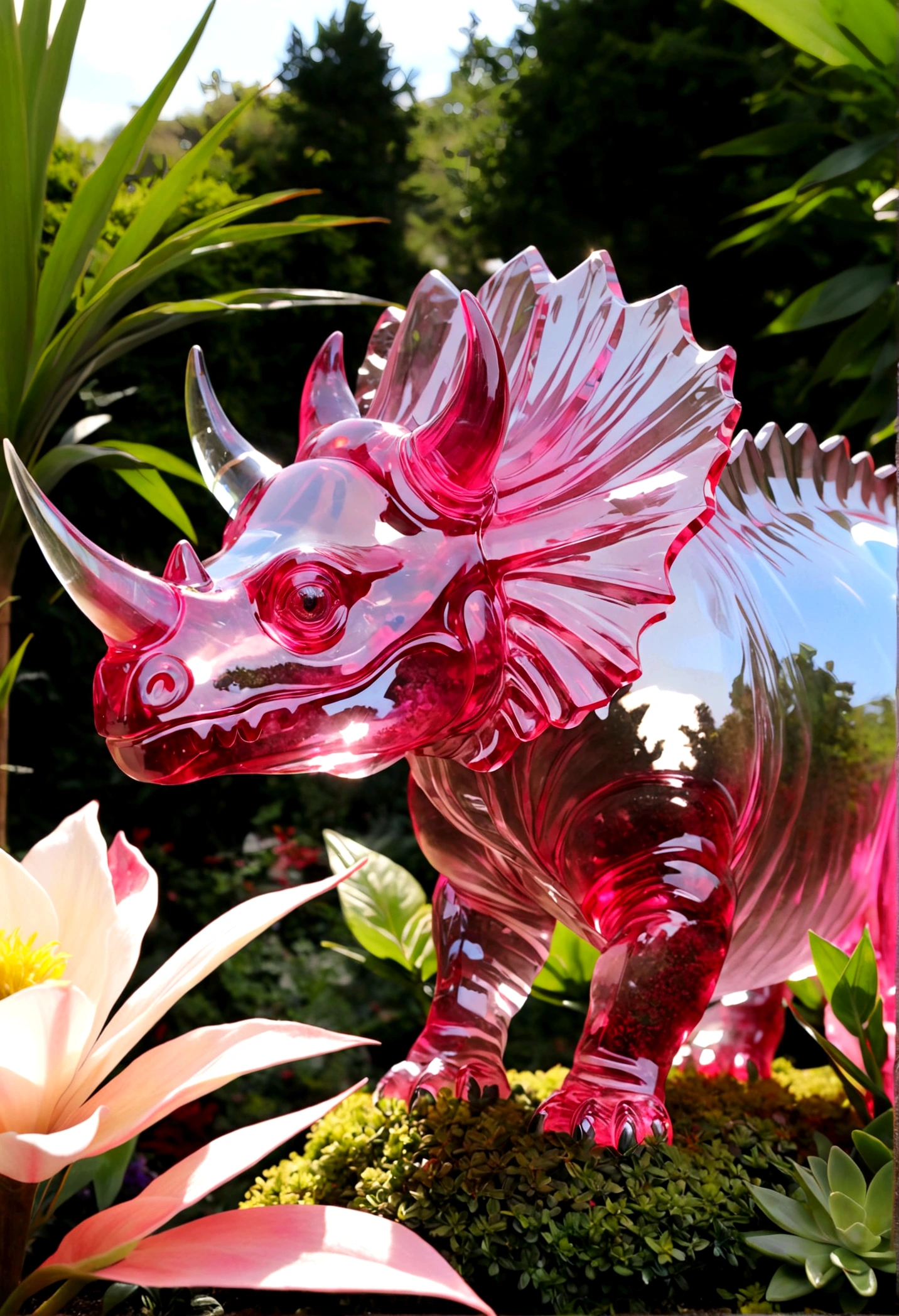 a crystal and glass triceratops sculpture, stunning crystal and glass triceratops ornament in a flower garden, beautiful pink crystal triceratops, highly detailed crystal and glass triceratops figurine, intricate crystal and glass triceratops sculpture in a lush garden, photorealistic crystal and glass triceratops ornament, hyper detailed pink crystal and glass triceratops, masterful crystal and glass triceratops art piece, stunningly realistic crystal and glass triceratops statue, exquisite pink crystal and glass triceratops ornament in a flower garden