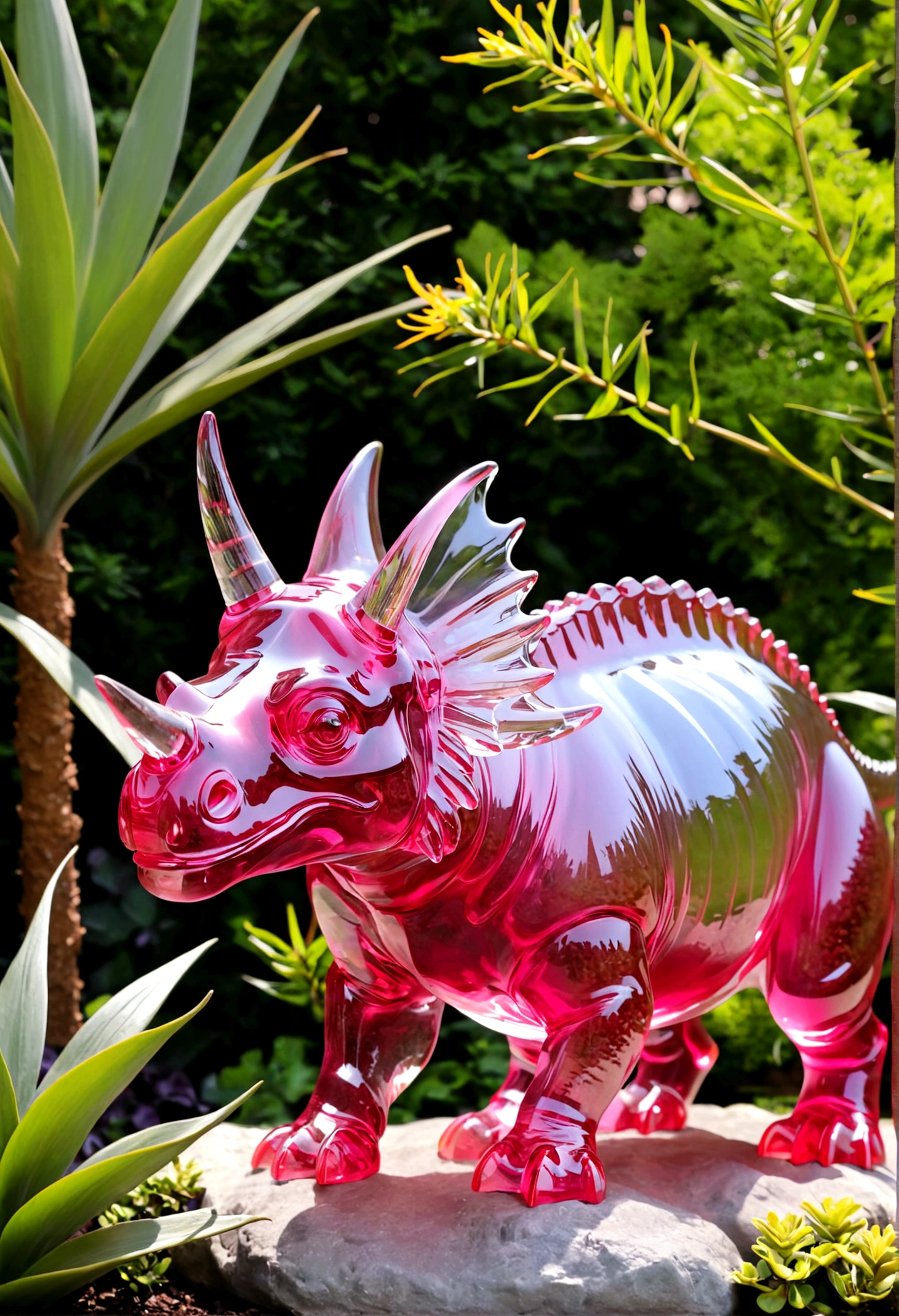a crystal and glass triceratops sculpture, stunning crystal and glass triceratops ornament in a flower garden, beautiful pink crystal triceratops, highly detailed crystal and glass triceratops figurine, intricate crystal and glass triceratops sculpture in a lush garden, photorealistic crystal and glass triceratops ornament, hyper detailed pink crystal and glass triceratops, masterful crystal and glass triceratops art piece, stunningly realistic crystal and glass triceratops statue, exquisite pink crystal and glass triceratops ornament in a flower garden
