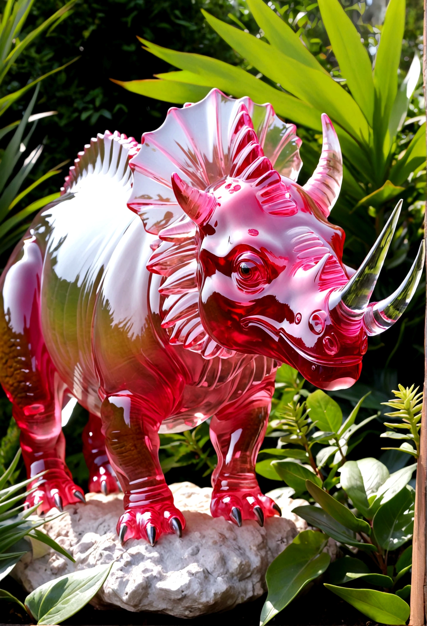 a crystal and glass triceratops sculpture, stunning crystal and glass triceratops ornament in a flower garden, beautiful pink crystal triceratops, highly detailed crystal and glass triceratops figurine, intricate crystal and glass triceratops sculpture in a lush garden, photorealistic crystal and glass triceratops ornament, hyper detailed pink crystal and glass triceratops, masterful crystal and glass triceratops art piece, stunningly realistic crystal and glass triceratops statue, exquisite pink crystal and glass triceratops ornament in a flower garden